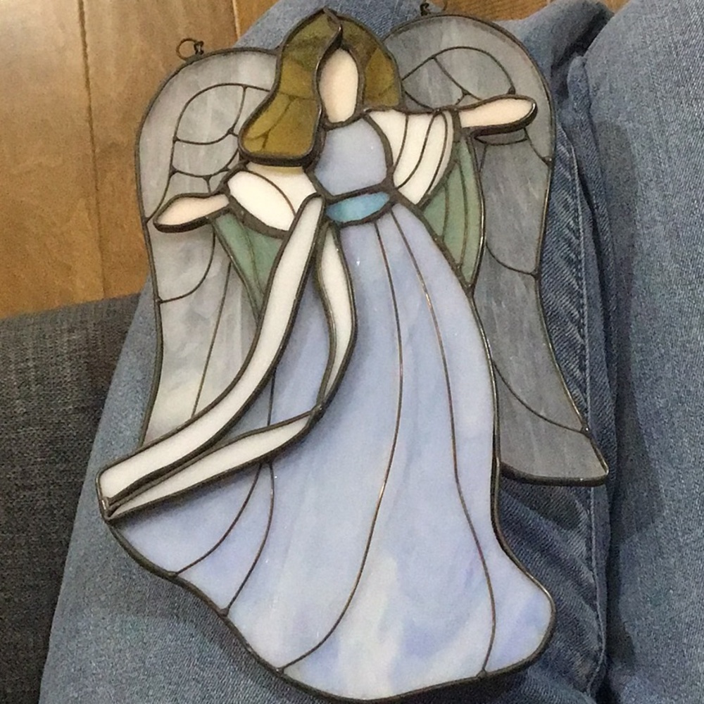 Stain glass angel. With chain hanger. 9” tall and 5 1/2” at widest part.